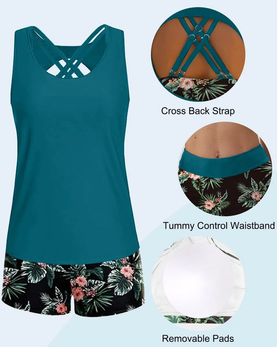 CheChury Tankini de Baño Mujer Reductores Conjuntos de Tankinis Push Up Bañador Tallas Grandes Bikini Ropa Playa con Shorts Swimsuit Sexy Verano Cuello en U Deportivo Trikinis Playa Bañadores