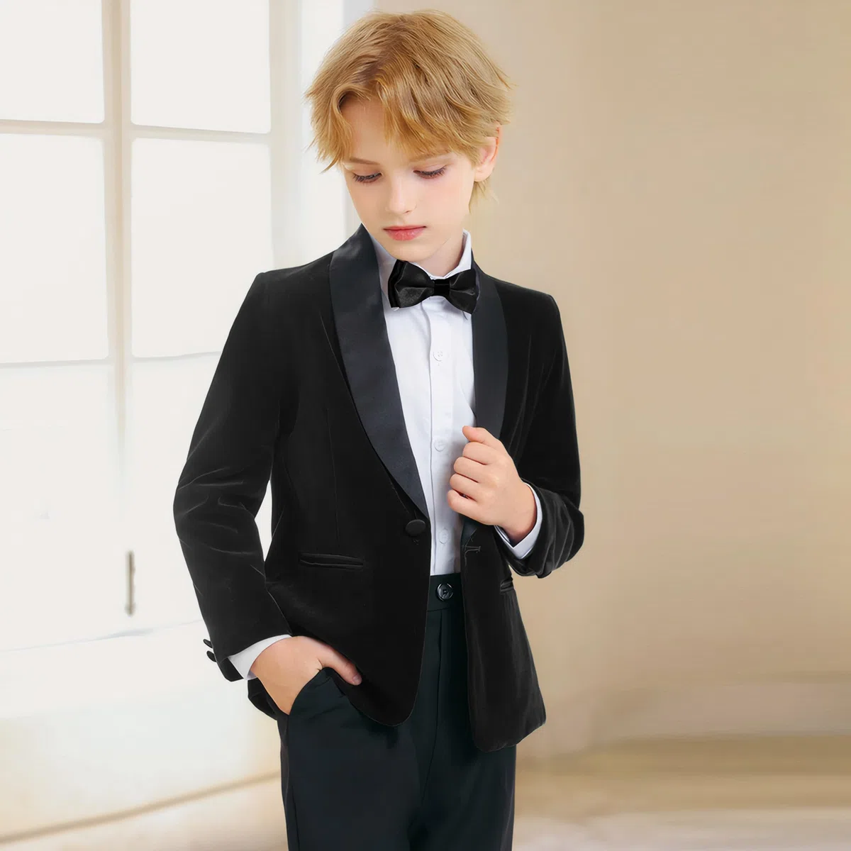 LOLANTA Traje de Esmoquin de Terciopelo para Niños, Traje Formal de Boda, Invierno, Juego Completo de 4 Piezas, Traje de Prom con Blazer, Pantalones, Camisa, Pajarita, Trajes de Esmoquin