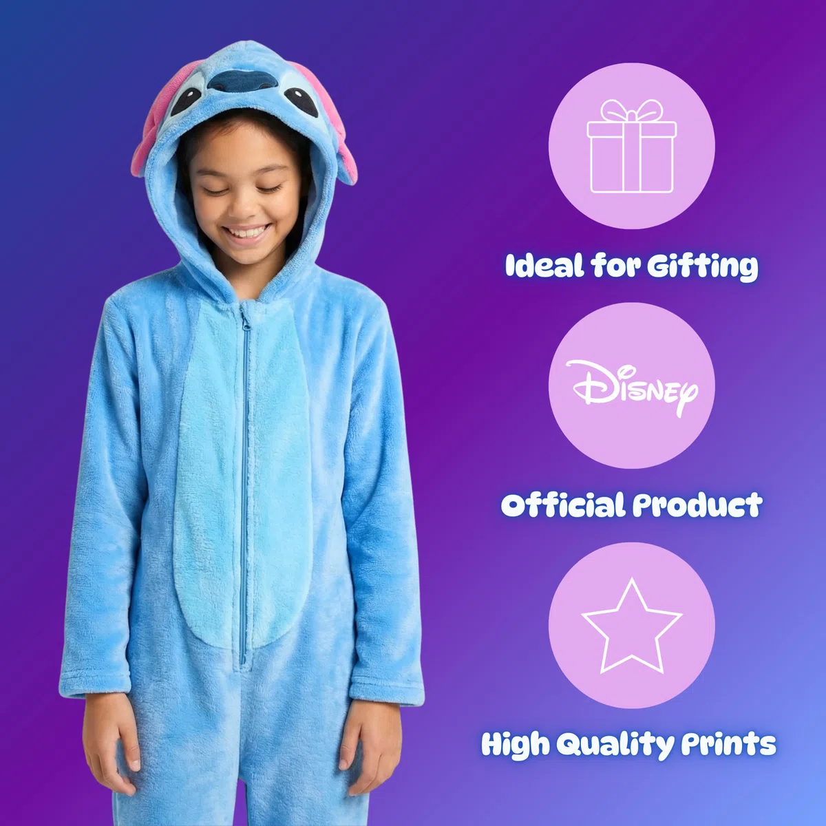 Disney Stitch Pijamas para Niñas, Pijama de Una Pieza Capucha en 3D Diseño Polar Suave, Regalo para Niñas y Adolescentes, Tallas 6 a 12 Años