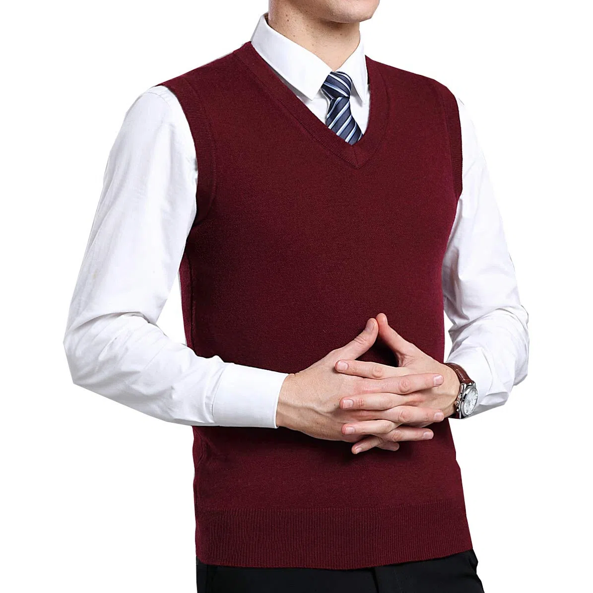 Hombres Lana Cómodo Color Sólido Sin Mangas De Punto Suéter Chaleco, Otoño Invierno Negocios Casual V-Cuello Suéter Sin Mangas