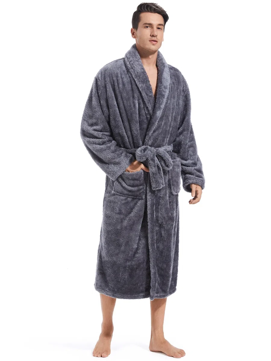 Inner Wish Bata de baño de forro polar de felpa para hombre, acogedora y cálida, bata larga de spa con bolsillos (gris oscuro)