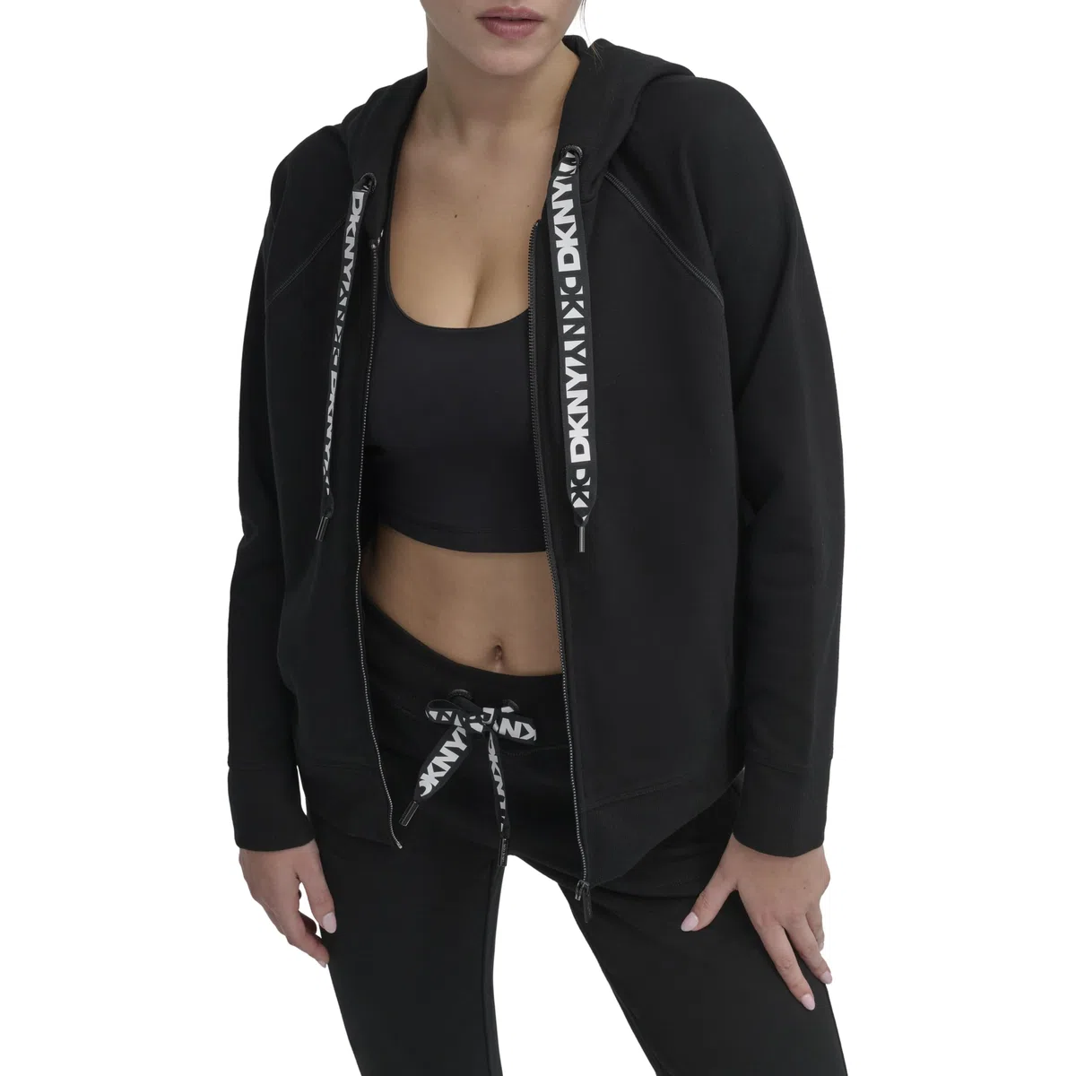 DKNY Logo Drawstring Full Zip Fleece Hoodie Sudadera con Capucha para Mujer