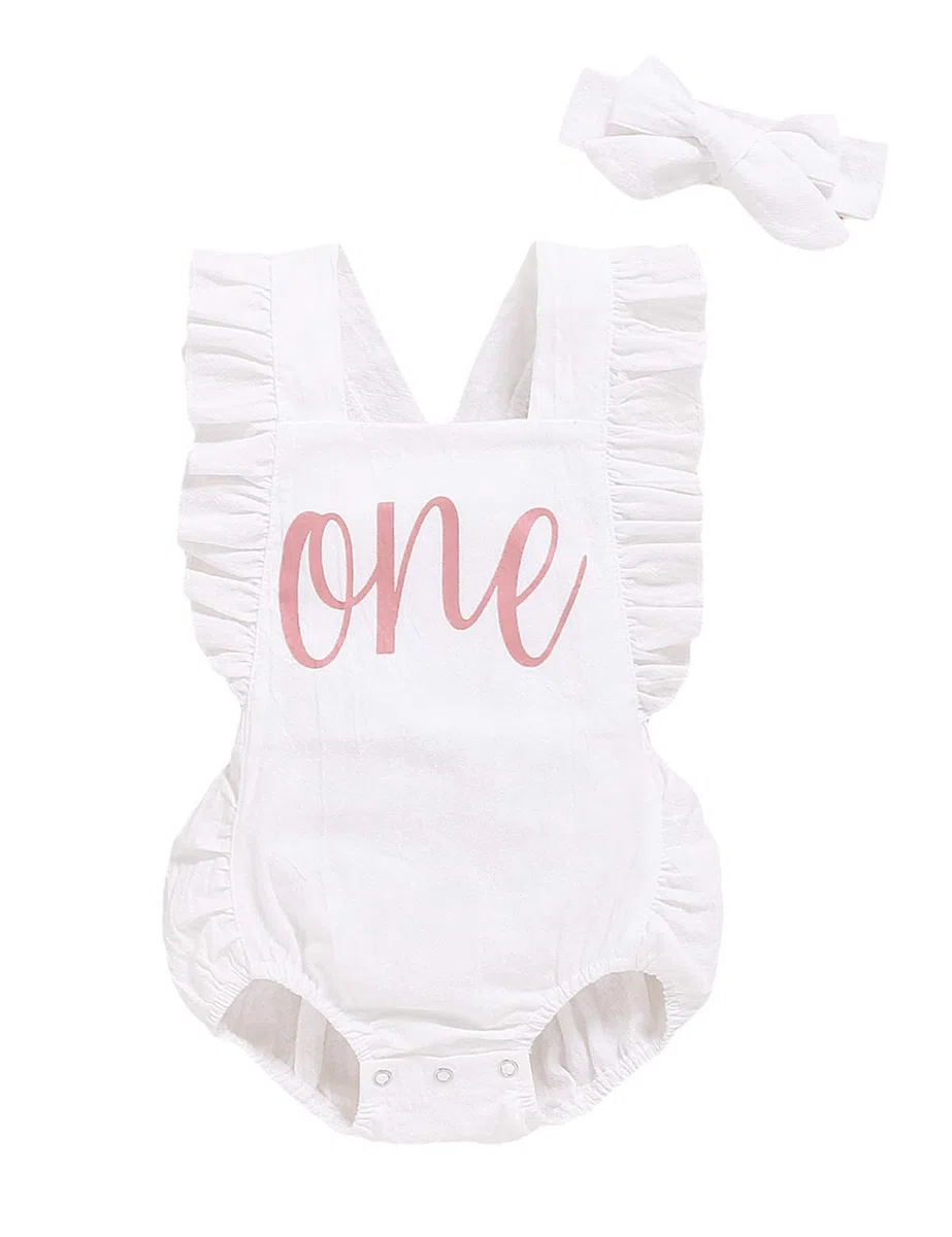 Shalofer Traje de primer cumpleaños para niña con diadema, Blanco, 12-18 Months