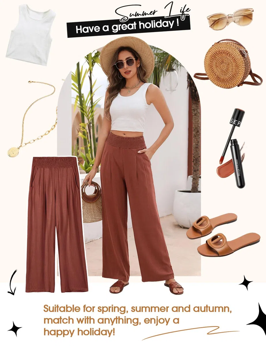 Pantalones Mujer Verano Algodón Lino Pantalón Suelto Cómodos Cintura Alta Elástico Casual Pantalones Flojo Playa Pantalones Anchos Largos
