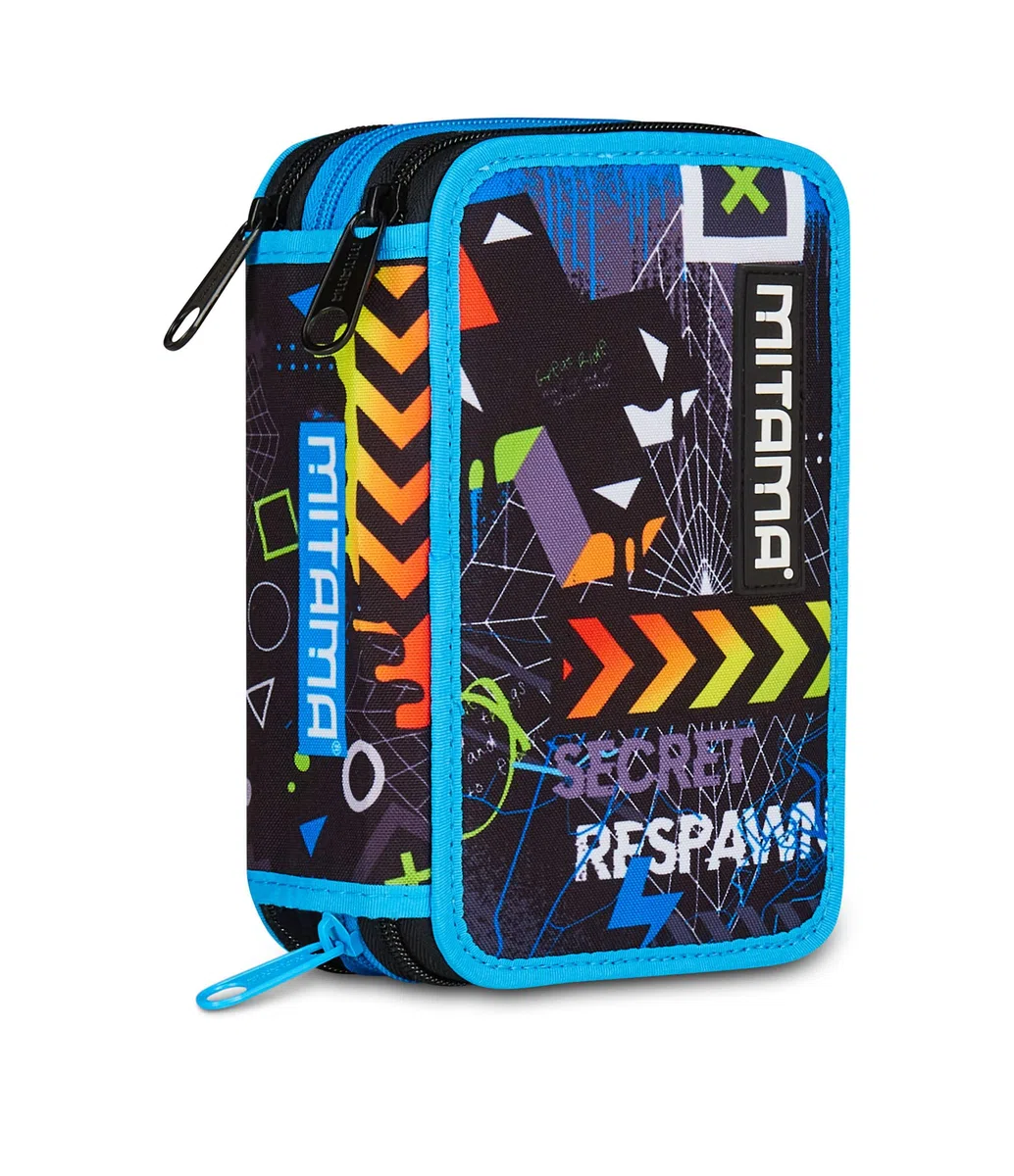 Mitama Estuche Escolar con 3 Compartimentos, Triple Cyberplay, Contenido 47 Piezas, Completo de lápices, rotuladores, portalápices Escuela Primaria niño, Negro, Moderno