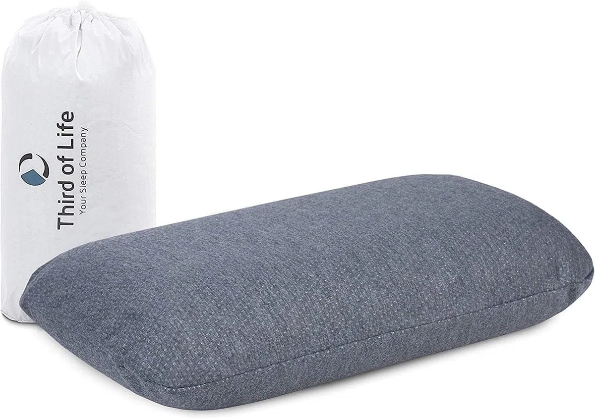 Third of Life Almohada de Viaje Volar Quickdry | Almohada Pequeña Ergonómica Viscoelástica | Funda Gris con Termorregulación y Secado Rápido | Cojín pequeño Tren, avión y Coche | Almohada Camping