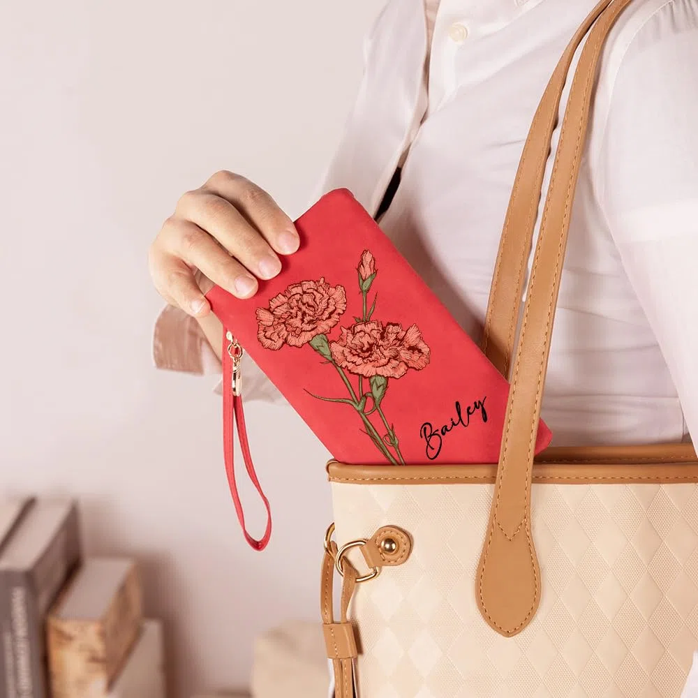 Monedero de cuero personalizado para mujer, con nombre personalizado, flor natal en acuarela, triple compartimento, correa para la muñeca, bolsillo largo para el móvil, ideal para mamá,esposa o abuela
