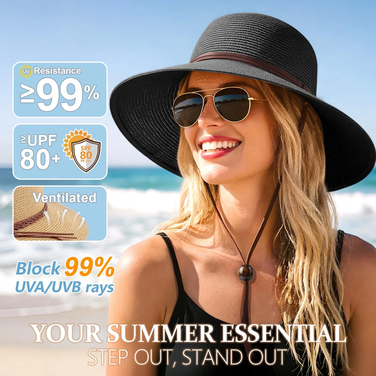 DRESHOW Mujeres Sombrero de Panamá, Sombrero de Paja de ala Ancha, Sombrero de Verano con Correa de Barbilla, Sombrero de Playa Fedora UPF 50+