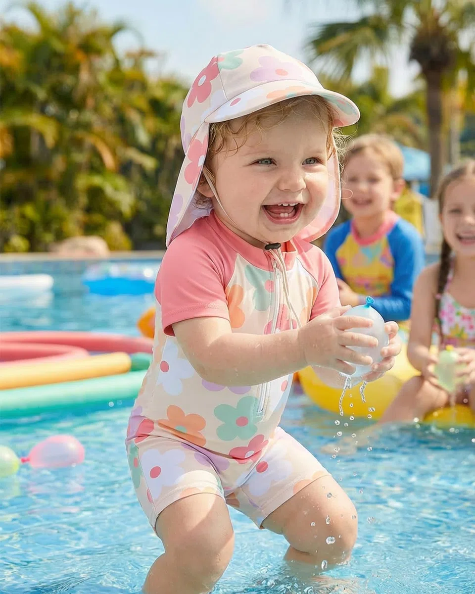 FishingDino Bañador Bebe de una Pieza con Protección UV, Traje Niña y Niño con Cremallera Frontal y Sombrero de Sol Camiseta Solar de Manga Corta