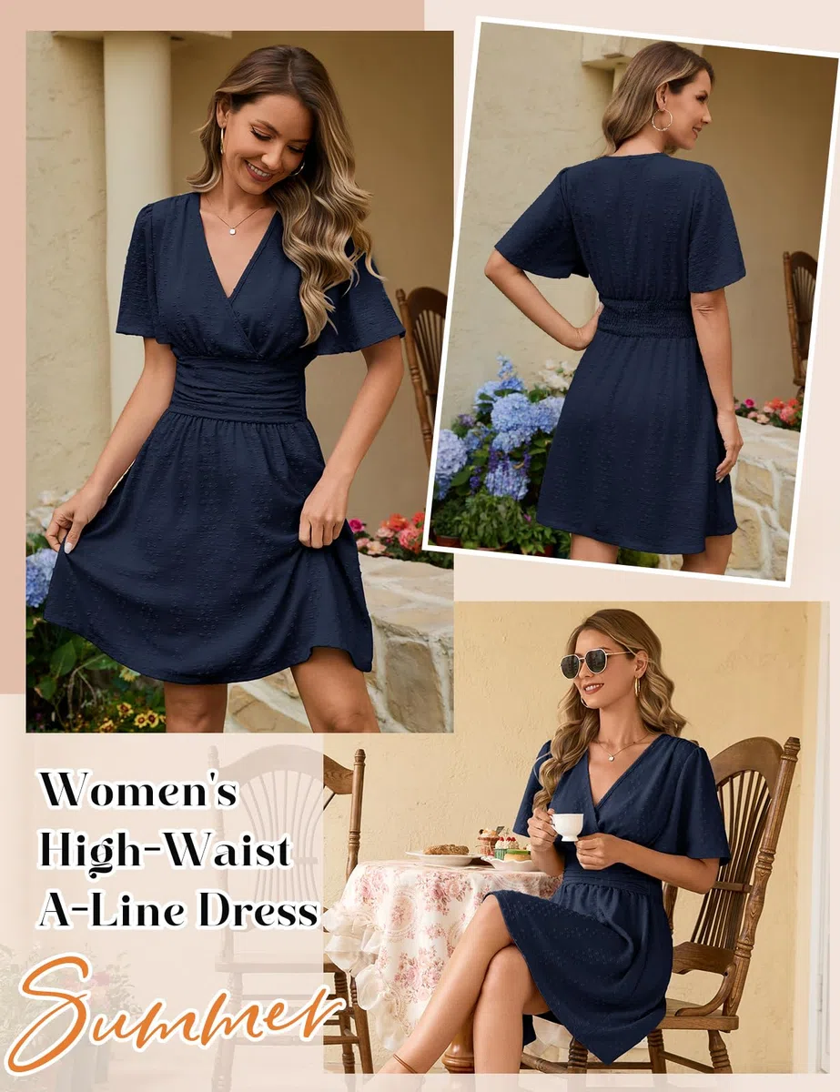 HEEKPEK Vestidos Verano Mujer Manga Corta Cuello en V Vestido de Mujer Elegante Corto Dress de Mangas Mariposa Cintura Alta Elástica Mini Vestido Sueltos Casual