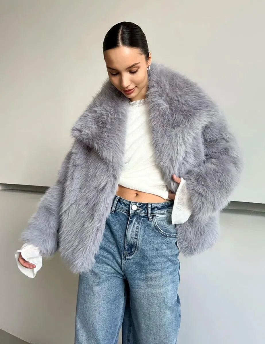 Abrigo de Piel sintética para Mujer Chaqueta de Piel sintética esponjosa Chaquetas de Invierno peludas de Solapa de Manga Larga Abrigo Corto de Parka Peluda