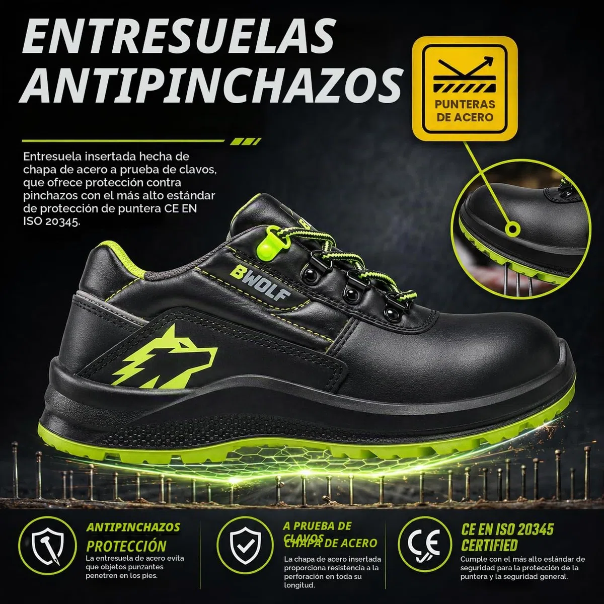BWOLF SPYKE Zapatos de trabajo bajos S3 impermeables, resistentes al aceite, antideslizantes 4x4 Grip Tech, suela Ergo, Negro, 42 EU