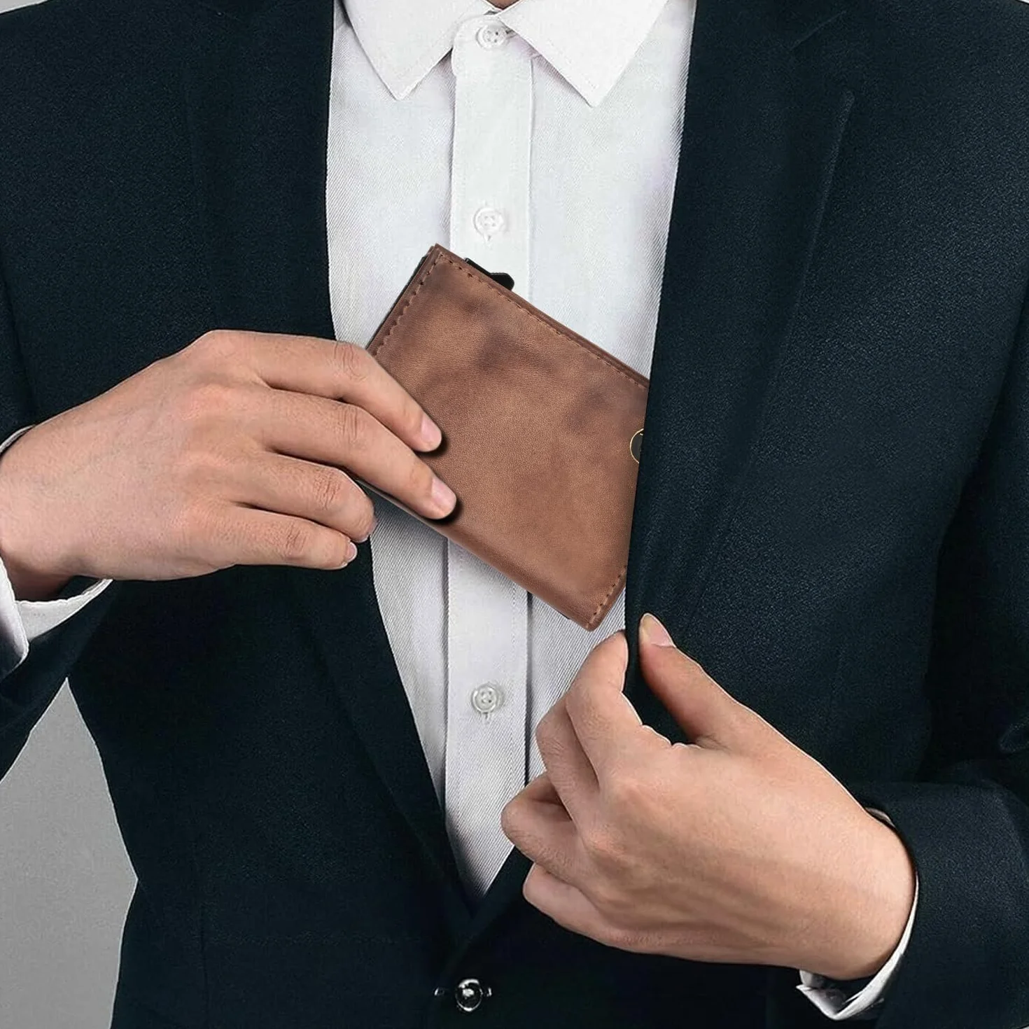 Fa.Volmer Pop-UP VO44P - Tarjetero con Compartimento para Monedas de Piel auténtica para Hombre y Mujer, 11 Tarjetas, protección RFID, Anteque Brown, 6 x 9,5 x 2,5cm, Contemporáneo