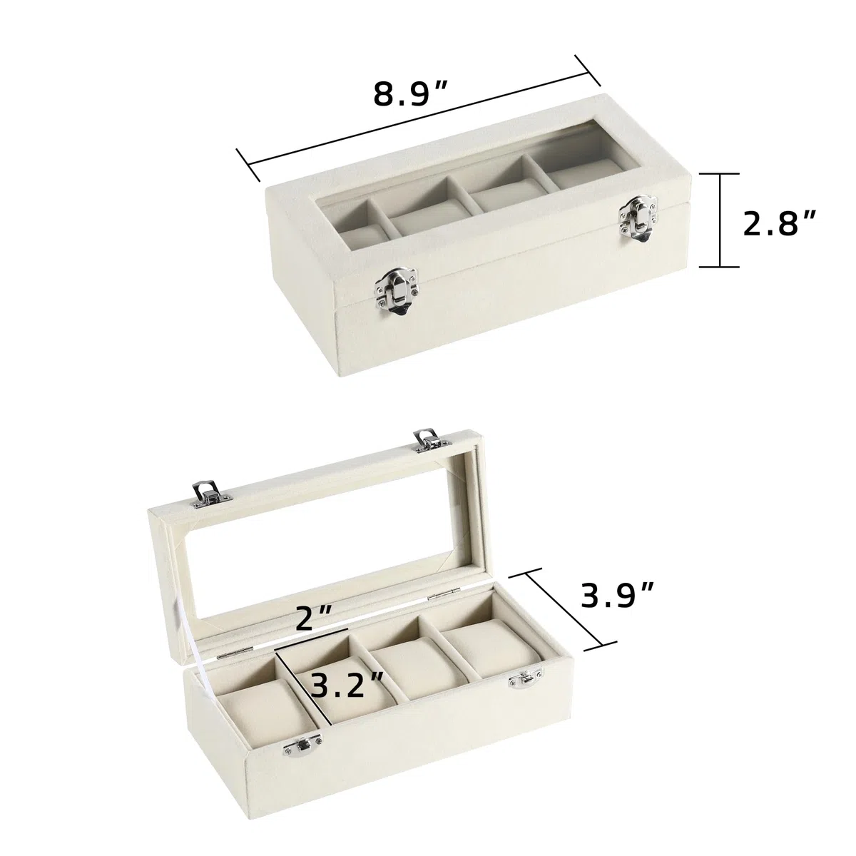 Frebeauty Caja de Reloj de 4 Ranuras con Tapa de Cristal, Organizadora de Terciopelo para Hombres y Mujeres, Almacenamiento con Cerradura, Estuche de Exhibición