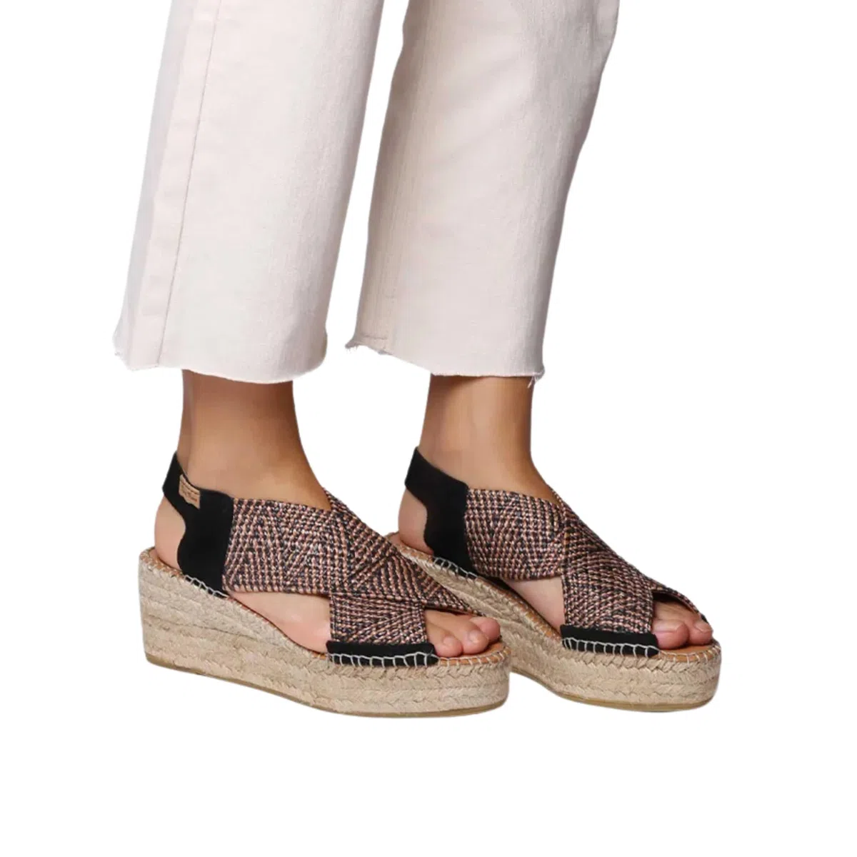 TONI PONS - Sandalia de piel con tiras,cuña de esparto,plataforma,suela de goma,planta de gel, para: Mujer color: NEGRO talla:36