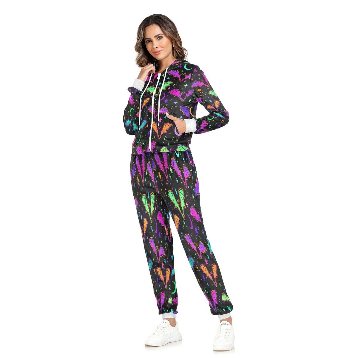 Conjunto deportivo de 2 piezas para mujer, diseño de murciélagos brillantes, multicolor, manga larga, para Halloween