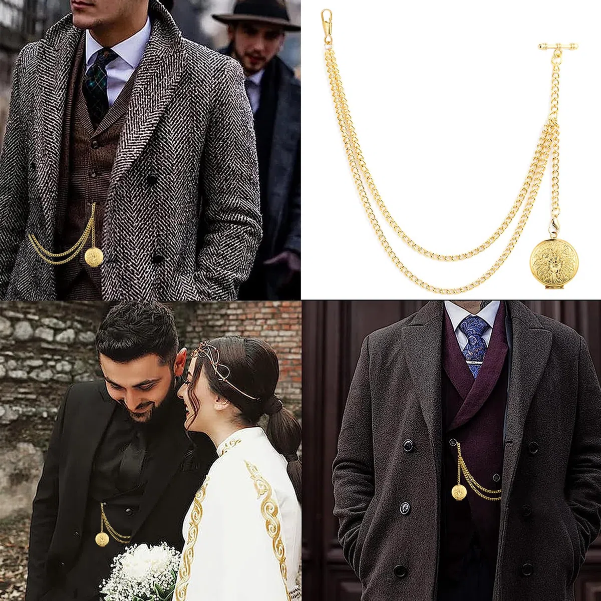 ManChDa Pocket Watch Albert Chain Pocket Watch and Chain, T-Bar Chain with Compass Pendant, Curb Link Chain 2 Hook Antique Fob T Bar for Men…