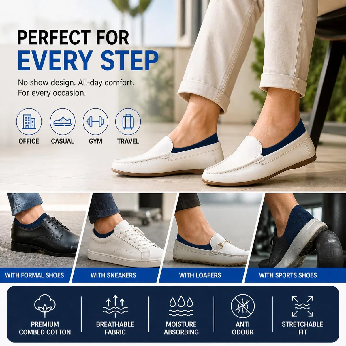 XJARVIS Calcetines mocasines antideslizantes de corte bajo para hombres y mujeres con algodón peinado para deportes, correr y senderismo, paquete de 5 (tamaño libre)