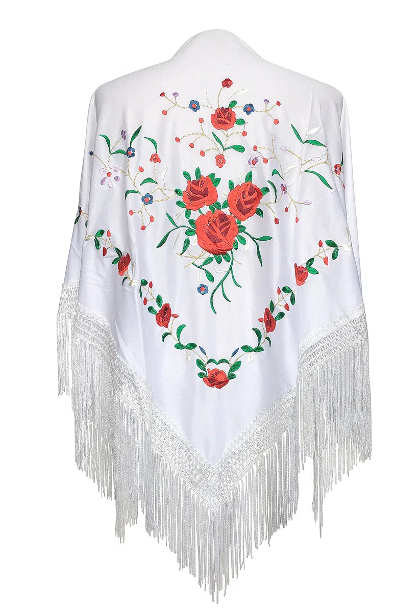LA SEÑORITA Mantón de Manila Blanco con bordados Rojo y Verde, Mantones de Flamenca para el Vestido de Feria, Sevillana o Flamenca. [160 x 80 cm] Tamaño Ideal para Mujer