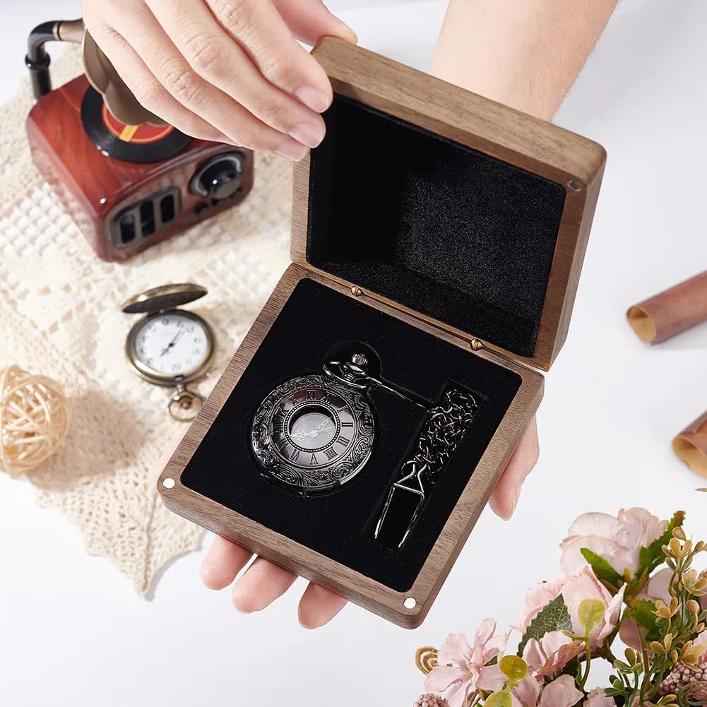 AHANDMAKER Caja de reloj de bolsillo de madera de nogal, caja de regalo portátil para un solo reloj con cojín, caja de reloj de madera, almacenamiento de joyas, organizador de viaje para hombres y