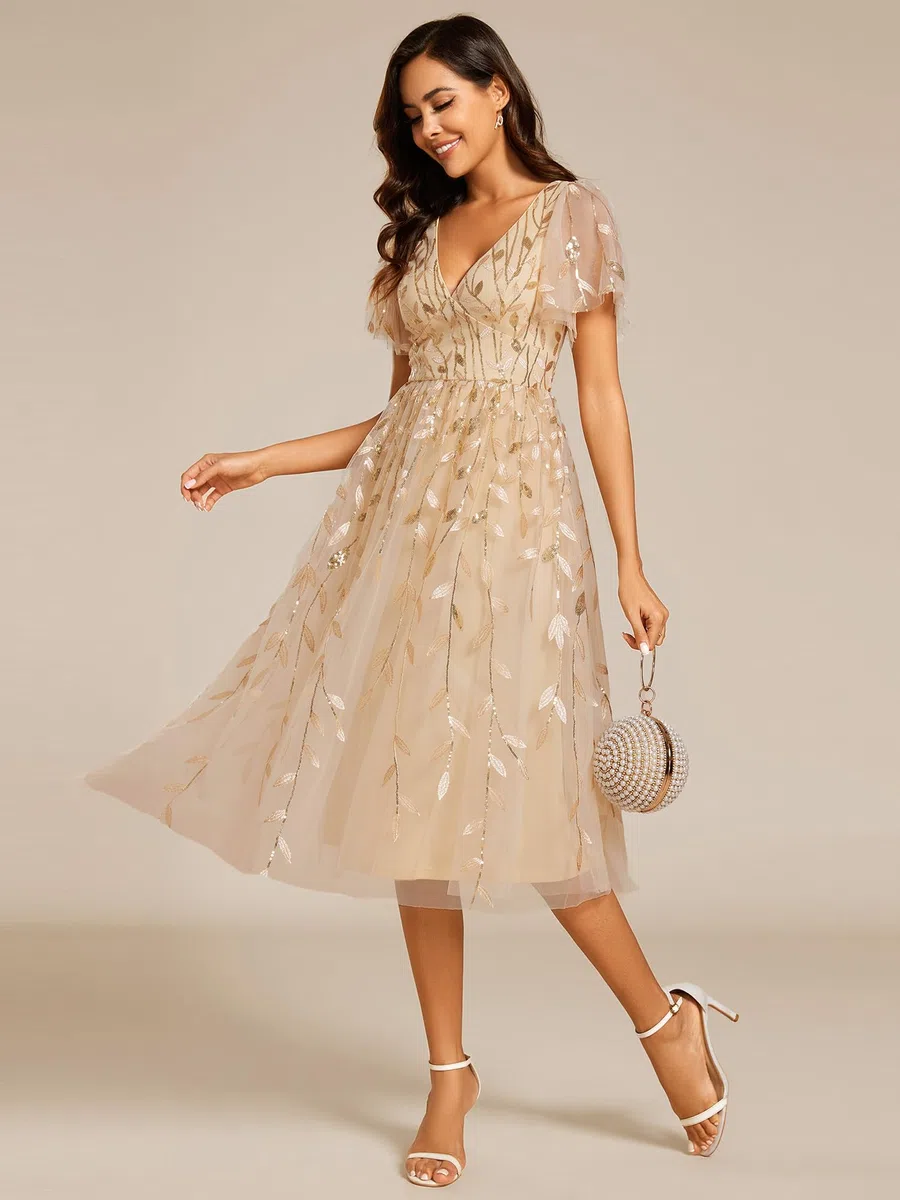 Ever-Pretty Vestido de Invitada de Boda Cuello en V Tul de Lentejuelas Mangas con Volantes para Boda Fiesta EG02230