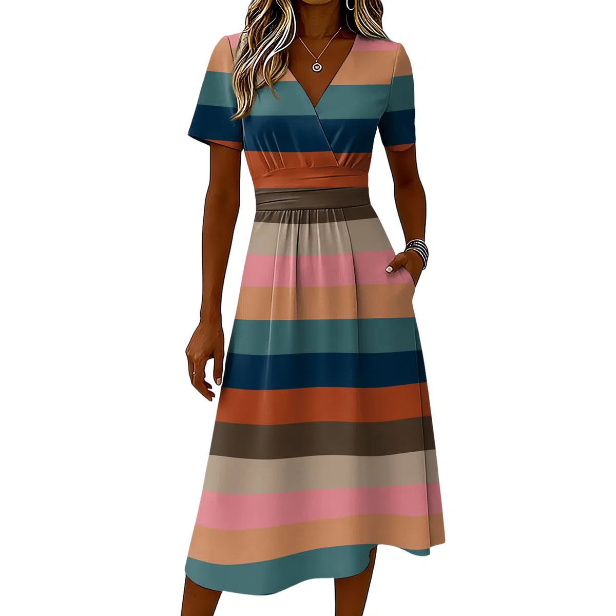 Vestido Largo de Verano para Mujer 2026 - Vestido de Fiesta Elegante con Degradado, V-Cuello y Manga Corta, Ideal como Vestido de Invitada de Boda o Playa