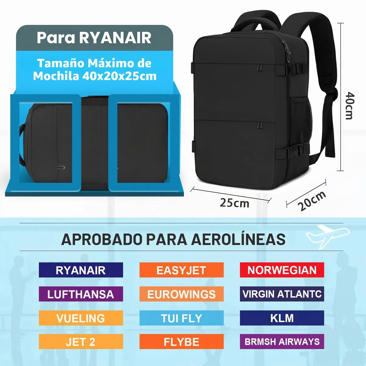 Mochila Viaje Cabina Avion 40x20x25, Mochila de Cabina para Ryanair, Maletas de Viaje Cabina, Travel Backpack, Mochila Portatil Hombre Mujer, Equipaje de Mano Bolso Mochilas 20L - Negro