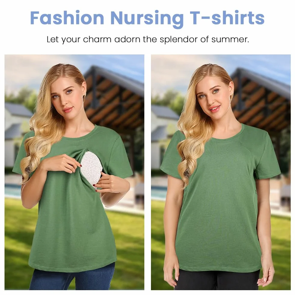 Aolso Camiseta de Maternidad para Mujer, Tops de Verano Superior de Nusring para Amamantar, Manga Corta, Cremallera Oculta, Algodón de Maternidad, Verde-XXL