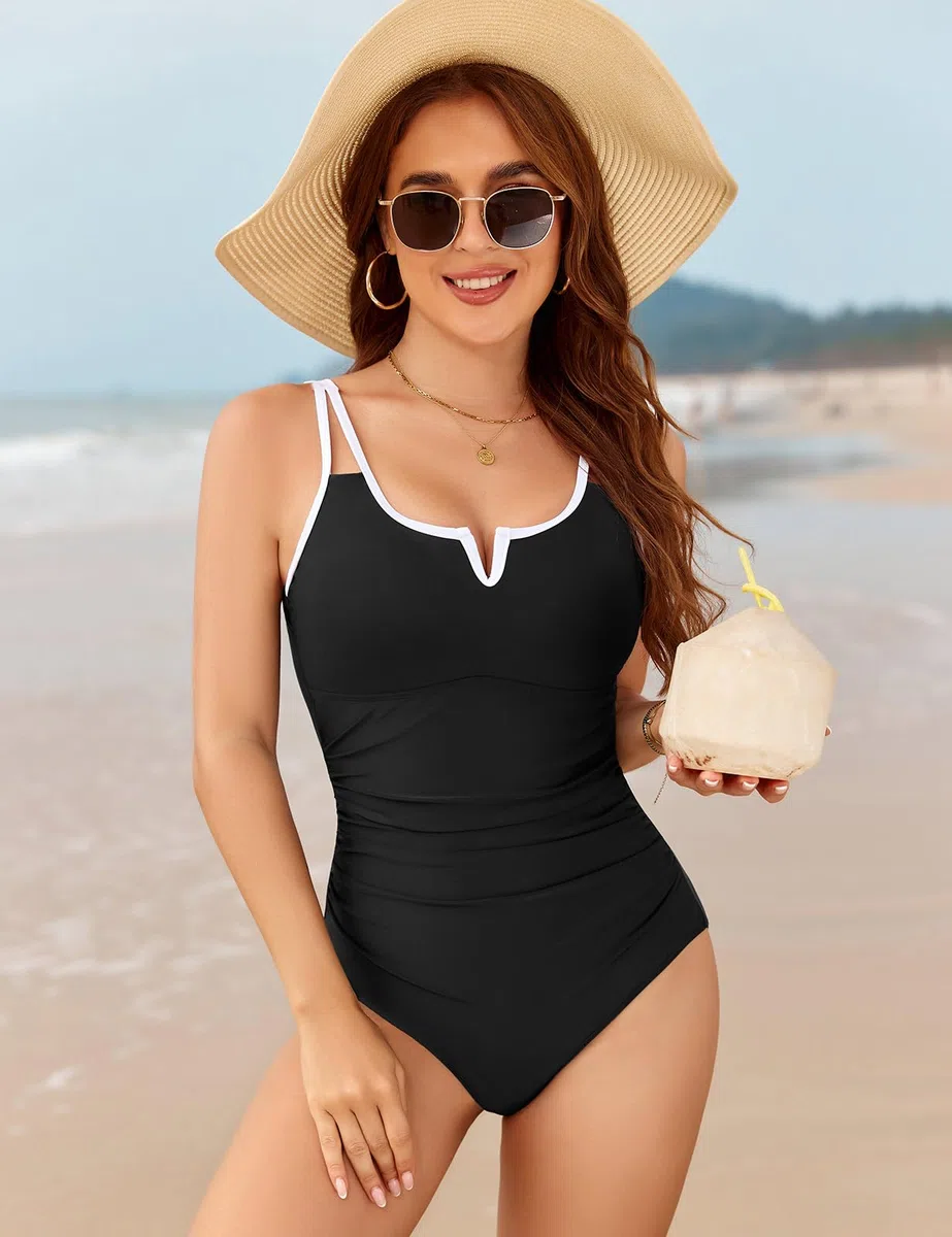 Nadeer Bañador Mujer Reductor Push Up Traje de Baño de Una Pieza Cuello en V Control de Barriga Swimwear Vientre Plano Swimsuit para Piscinas de Playa