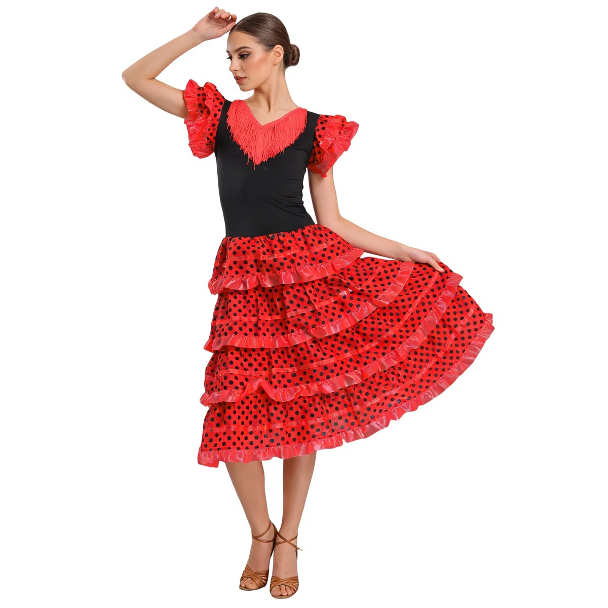 Wildarms Vestido Flamenca Mujer Disfraz Sevillana Traje Andaluz Cordobés con Volantes para Feria de Abril Sevilla Baile Flam - variaciones