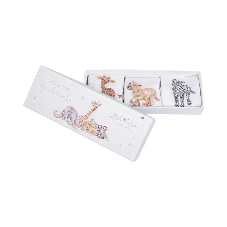 Wrendale LTW-SOCK005 Little Wren - Calcetines para bebé, 3 pares, diseño de cebra, león, jirafa, lavable, 0-6 meses, Blanco, 0-6 meses