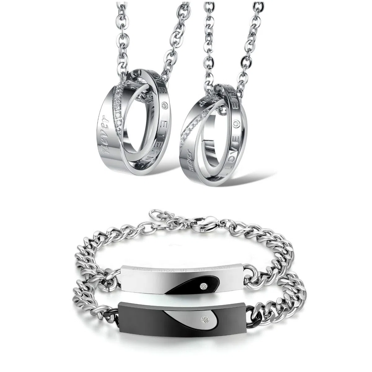 Flongo Pulseras para Parejas, Collares Colgantes para Parejas, Pulseras de Amor, Collares de Parejas de Acero Inoxidable Color Negro Plateado, Regalo para San Valentín