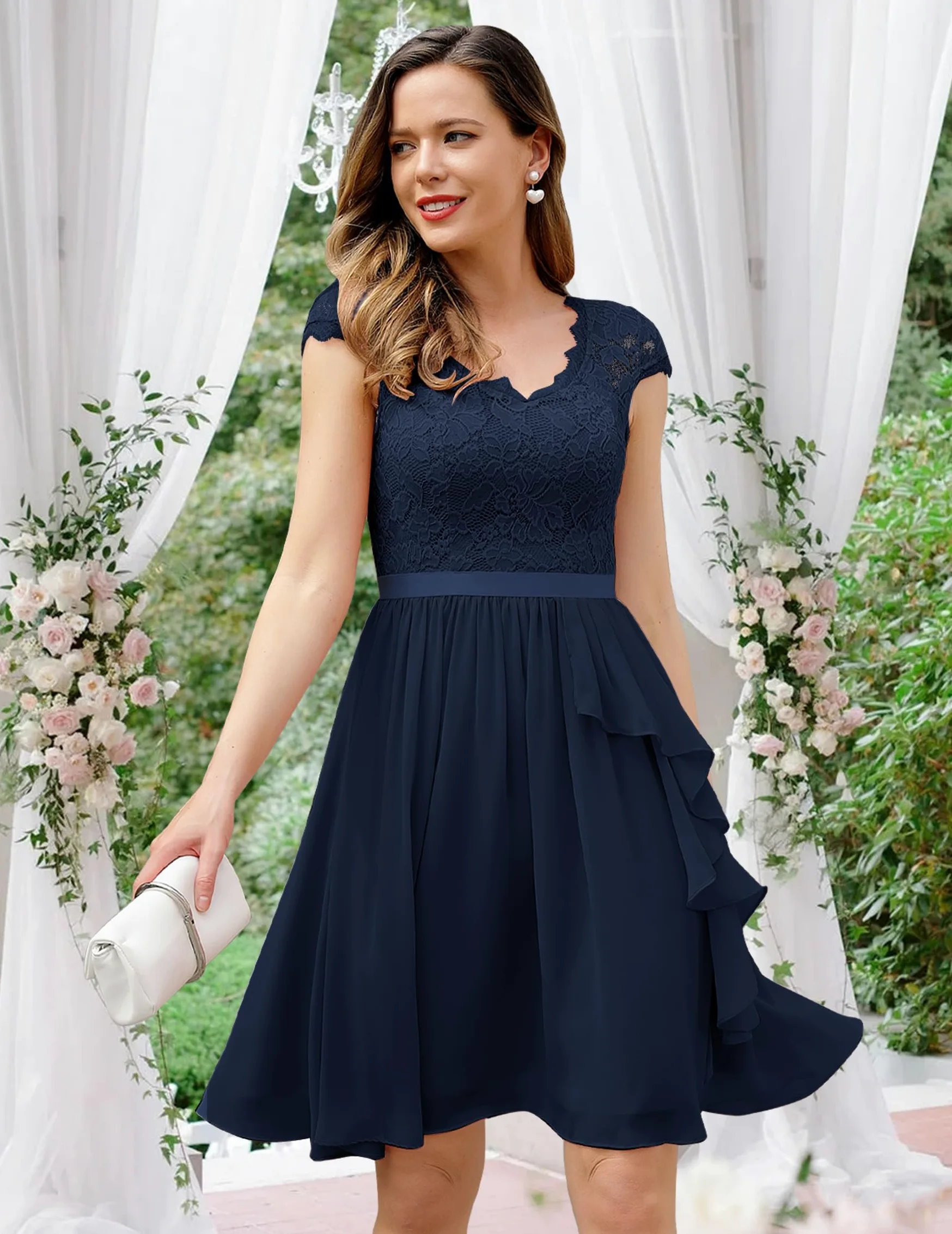 Wedtrend Vestido de cóctel para mujer, elegante para boda, con volantes, vestido de noche corto de dama de honor