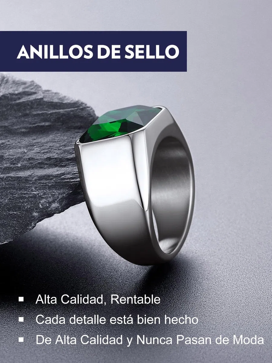 Bandmax Anillo con Piedra Verde/Rubí/Negro/Zafiro 12mm Ancho, Anillo Precioso para Hombre Mujer Tamaño 54mm a 72mm, Joyero Incluido