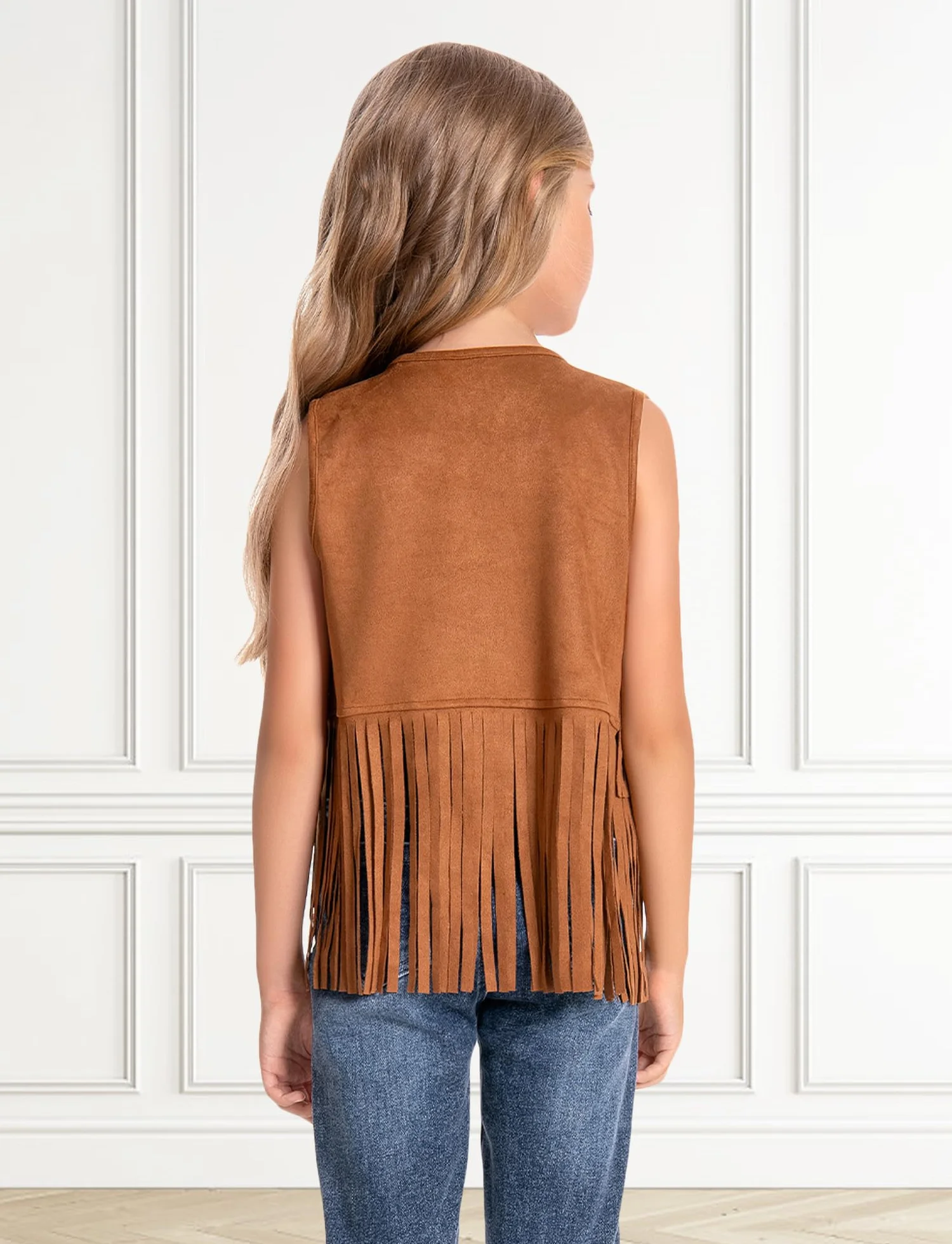 SEAUR - Chaleco con flecos para niña hippie chaleco vaquera occidental con remaches sin mangas de piel sintética ropa estilo años 60-70 niños 5-6 años