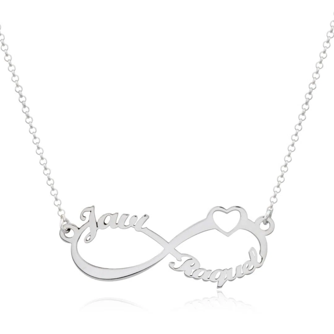 Collar Infinito Personalizado en Plata de Ley 925 con Corazón y Nombres personalizable para regalar con cadena Rolo de 40 cm + Alargador.