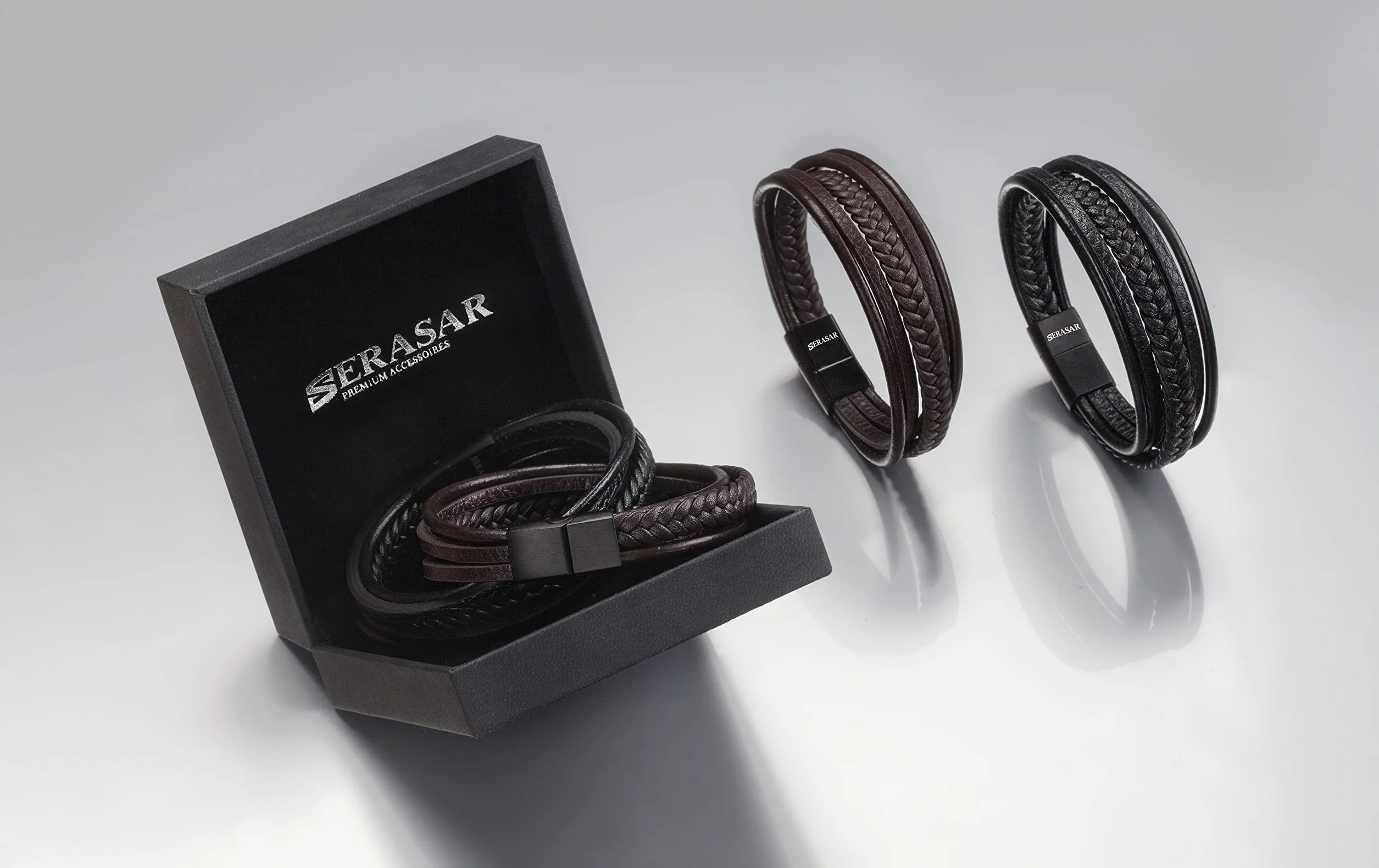 SERASAR | Pulsera de Cuero Premium [Braid] para Hombre en Negro y Marrón | Diferentes Largos | Cerradura de Acero Inoxidable | Joyero Exclusivo | Gran Idea de Regalo
