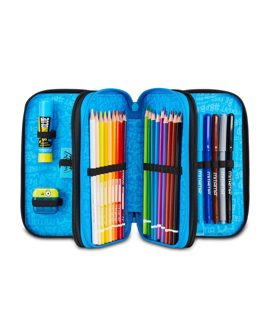 Mitama Estuche Escolar con 3 Compartimentos, Triple Cyberplay, Contenido 47 Piezas, Completo de lápices, rotuladores, portalápices Escuela Primaria niño, Negro, Moderno