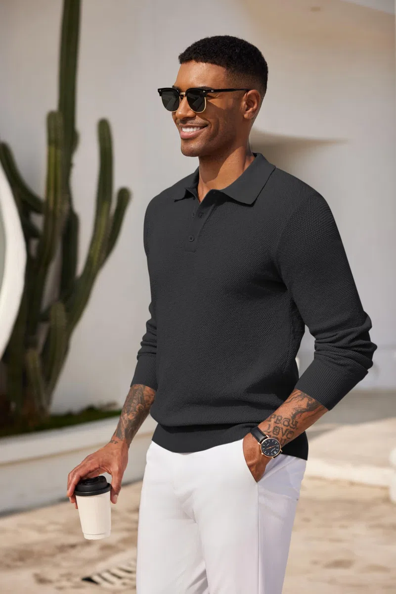 COOFANDY SuéTer Tipo Polo para Hombre De Manga Larga Punto Fino Sudadera