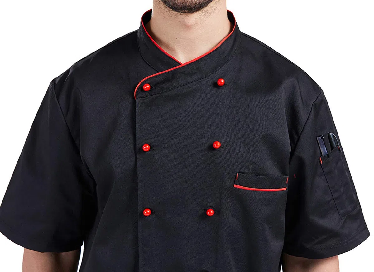 Nanxson Chaqueta de cocinero unisex para mujer, con botones de bola, transpirable, manga corta, cuello alto, ropa de cocina CFM0048