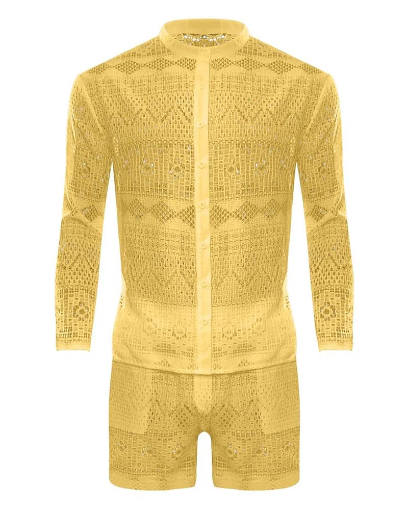 Camisa + Pantalones Cortos para Hombres Conjuntos de Top y Pantalones Cortos Juego de Dos Piezas Manga Larga Casual Conjunto Sexy Perspectiva Ropa de Playa Traje de Verano Cómodo