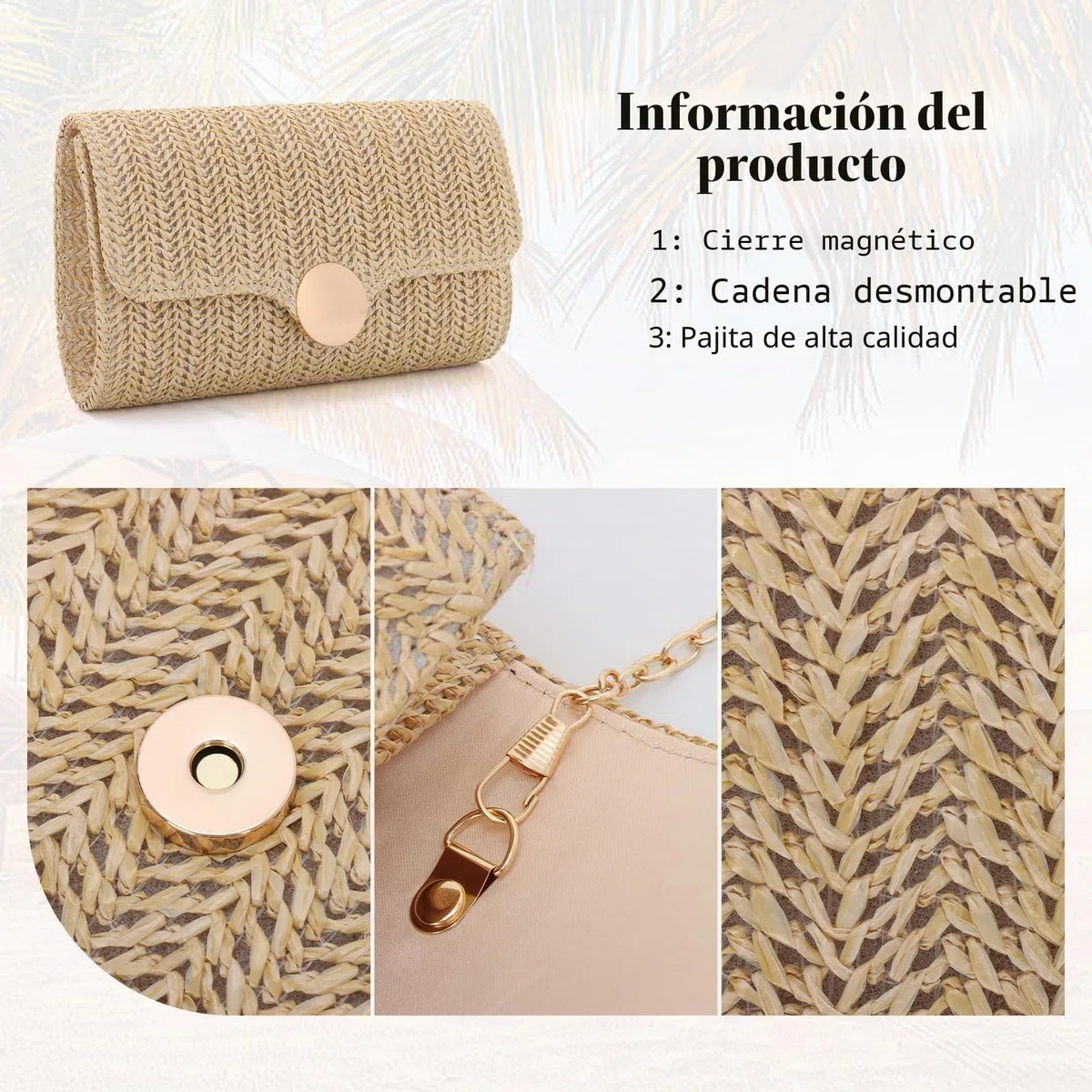 Bolso de Paja Tejida para Mujeres Playa de Verano Elegante Bolso de Noche con Cadena