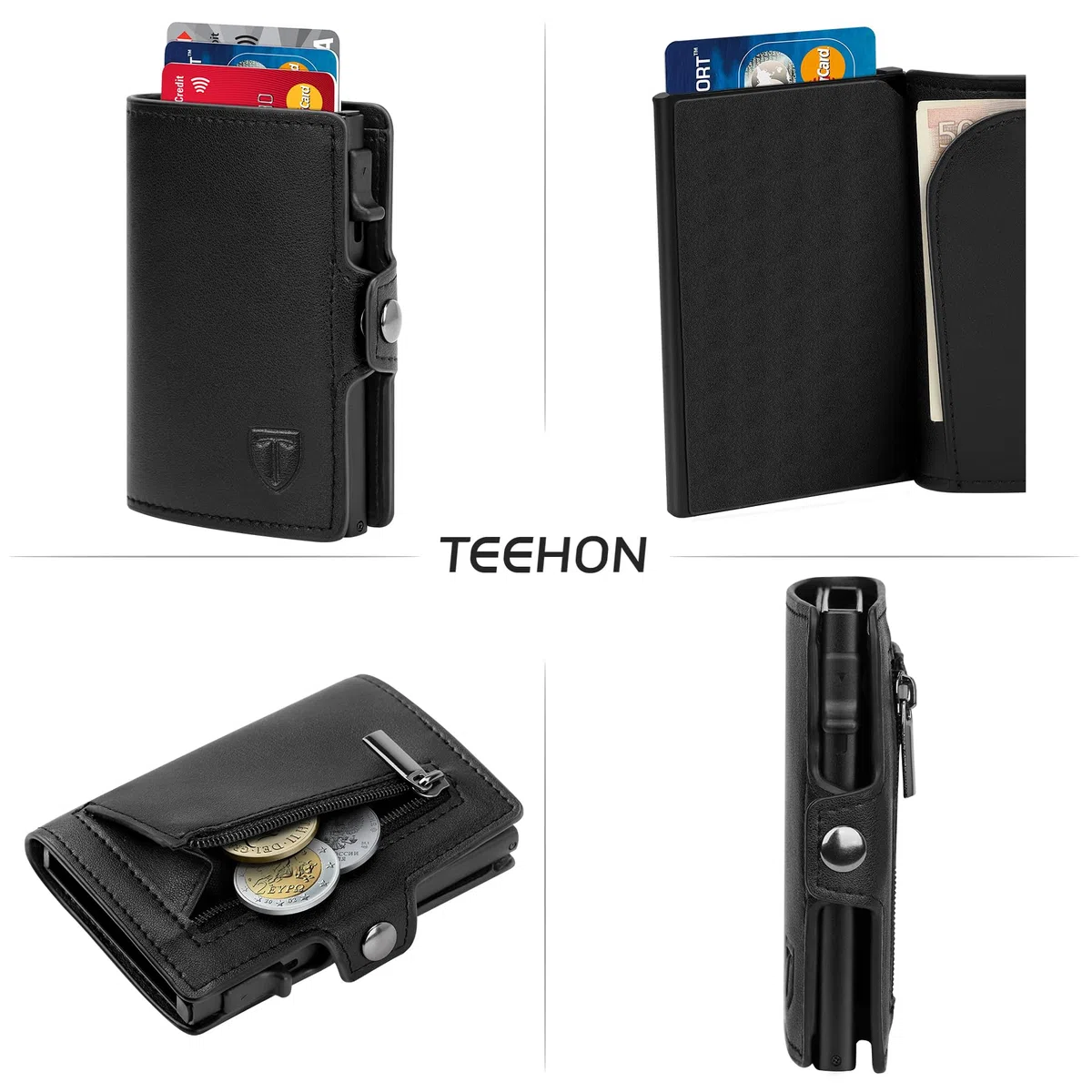 TEEHON Tarjeteros para Tarjetas de Credito | Cartera para Hombre y Mujer con Monedero | Automática Pop-up Billeteras de Protección RFID | Regalos para Hombres | Negro (A-Negro)