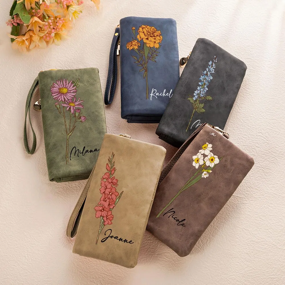 Monedero de cuero personalizado para mujer, con nombre personalizado, flor natal en acuarela, triple compartimento, correa para la muñeca, bolsillo largo para el móvil, ideal para mamá,esposa o abuela