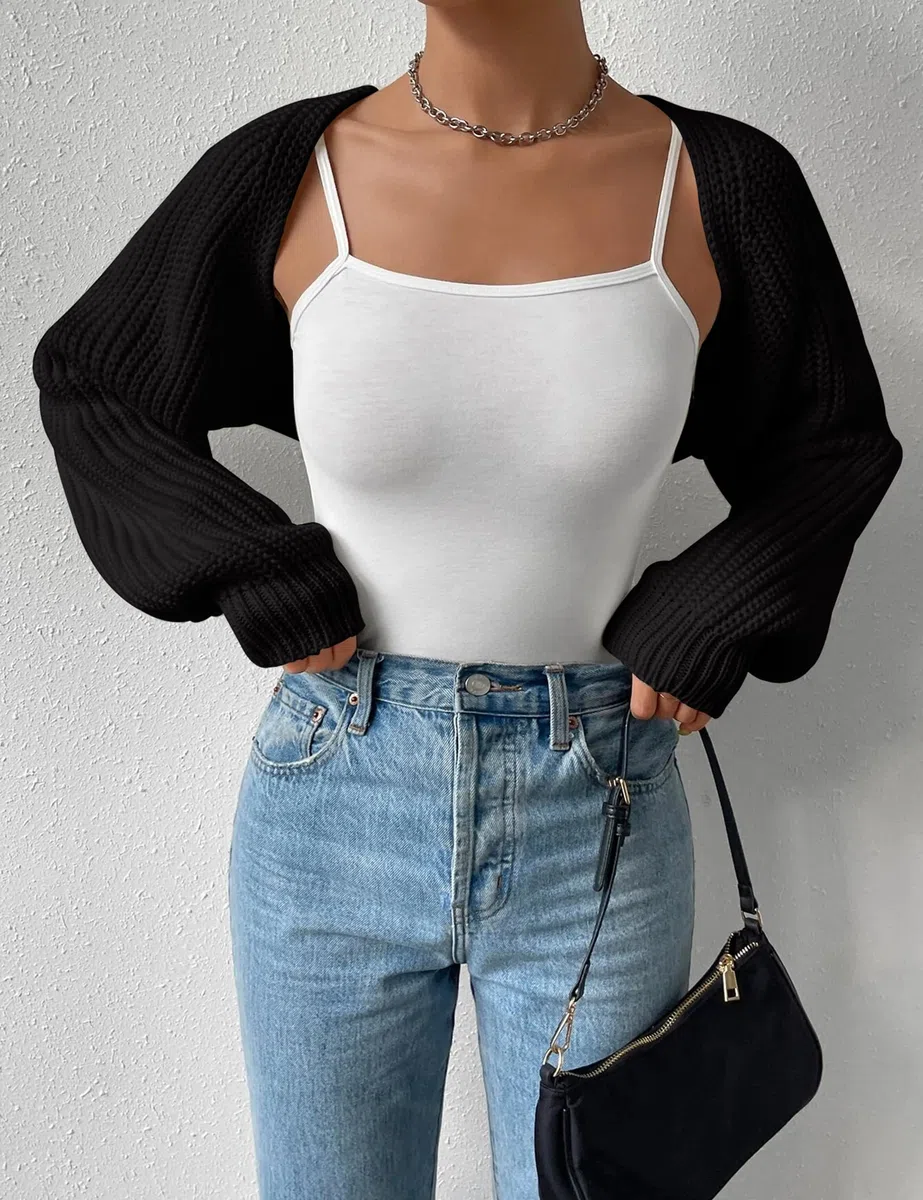 XuBa Bolero - Cárdigan corto para mujer, manga larga, color sólido, acanalado