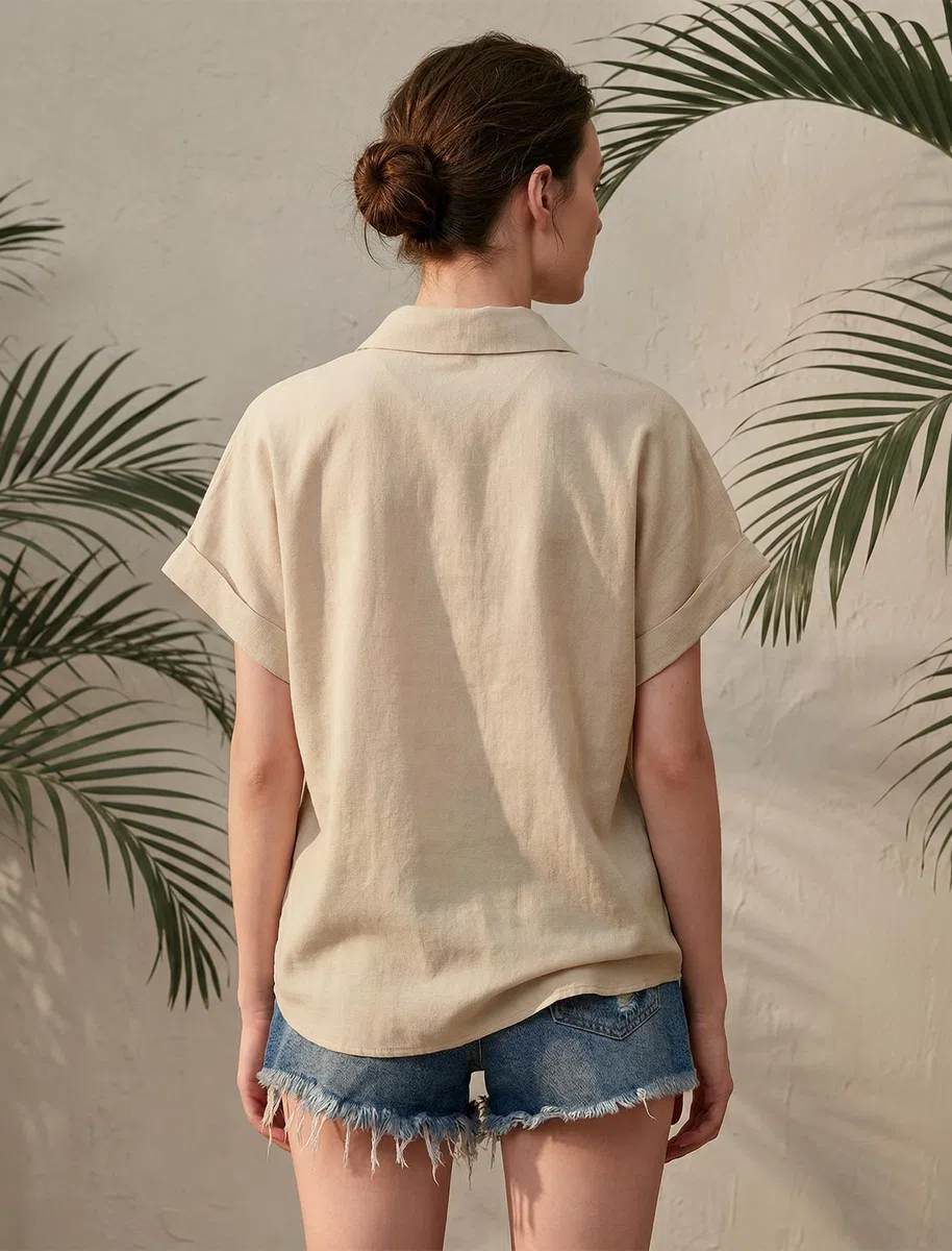 Enmain Camisa Lino Mujer Manga Corta Verano Camisas Blusa de Lino y Algodón de Botones Cuello en V Color Liso Casual Shirt Mujer Elegante Cómoda para Playa Trabajo