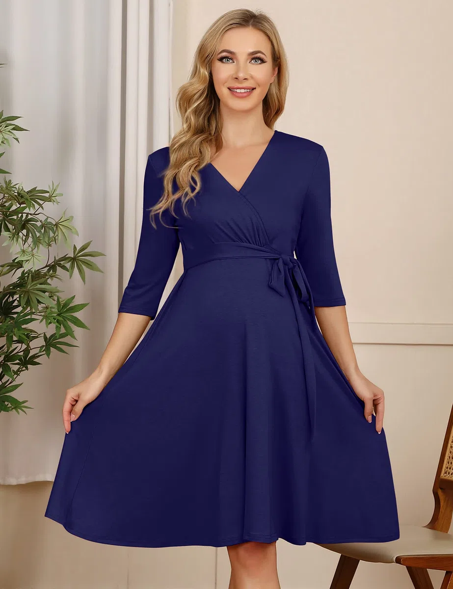 KOJOOIN Vestido de Maternidad para Mujer Delgado con Cuello en V Elegante Vestido de Lactancia Vestidos Premama Verano Casuales para Embarazadas（Embalaje múltiple）