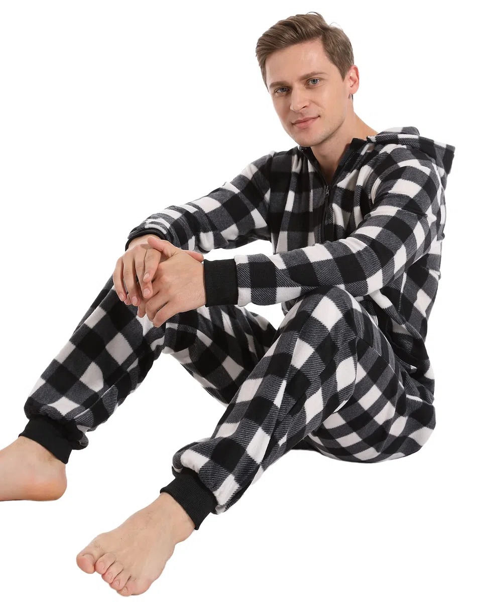 Pijama Adulto Cuadros Onesie de Navidad Mono con Capucha y Cremallera Familia Homewear Sleepwear Mujeres Hombres