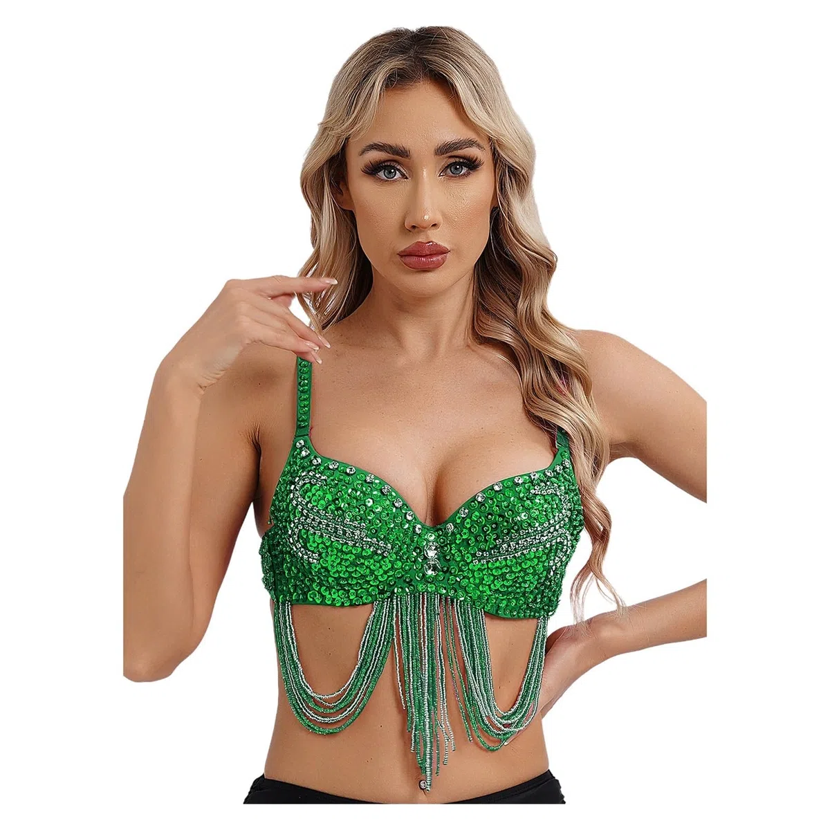 Push up Corsé Bustier Crop Top Top de danza del vientre for mujer, corsé brillante, top corto con flecos, lentejuelas y diamantes de imitación, sujetador de discoteca con tirantes finos, bustier con a