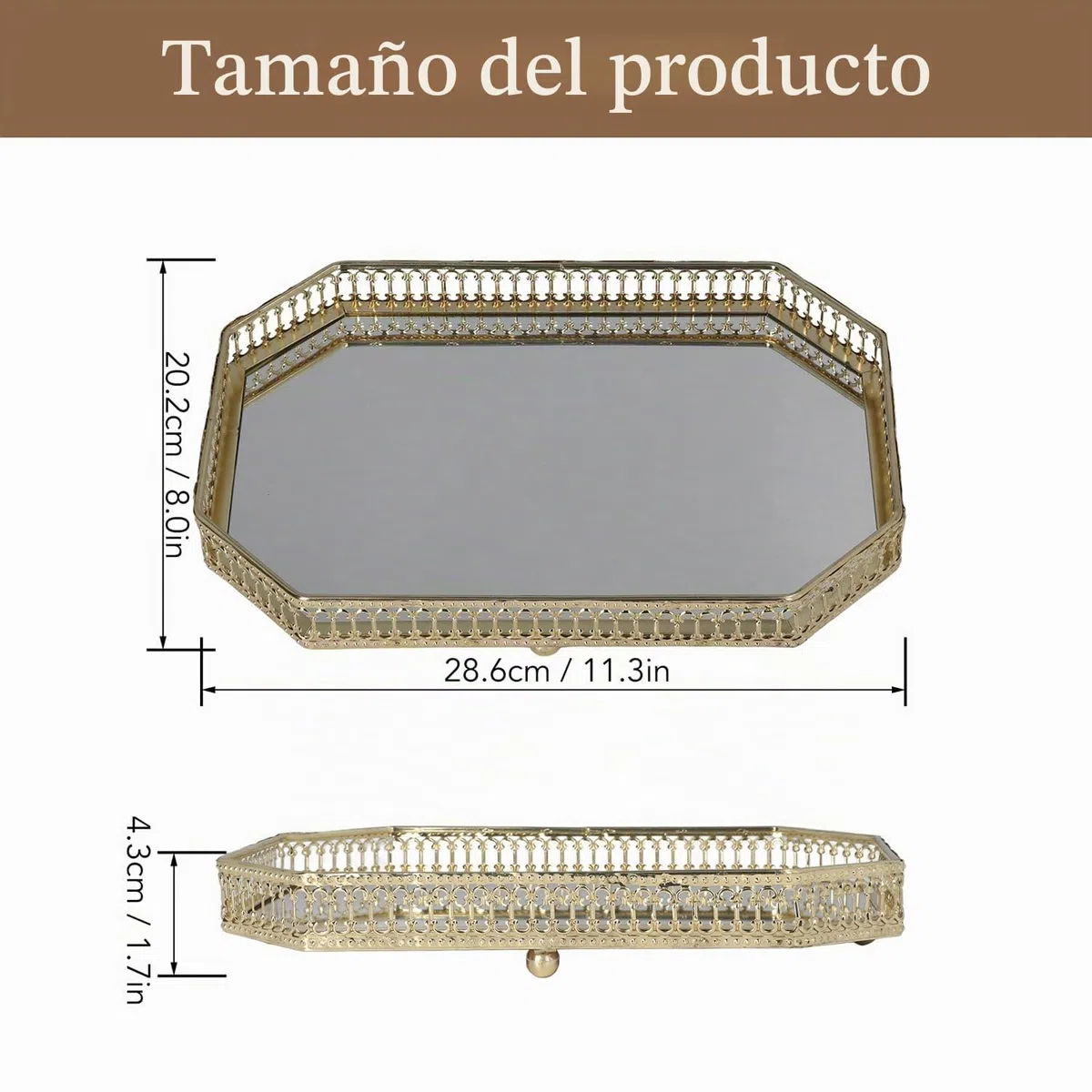 Bandeja Decorativa con Espejo de Dorado, Geométrica Plato Decorativo para Servir Organizador de Perfume de Maquillaje para Tocador, Encimera de Baño